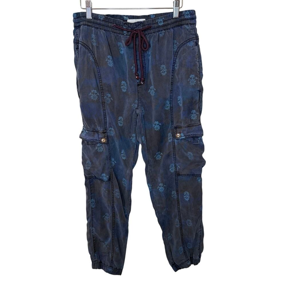 Anthropologie Boho Floral Navy Blue Cargo Jogger Pants W/ Elastic Waistband Sm